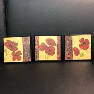 Set of three poppy flower wall art
